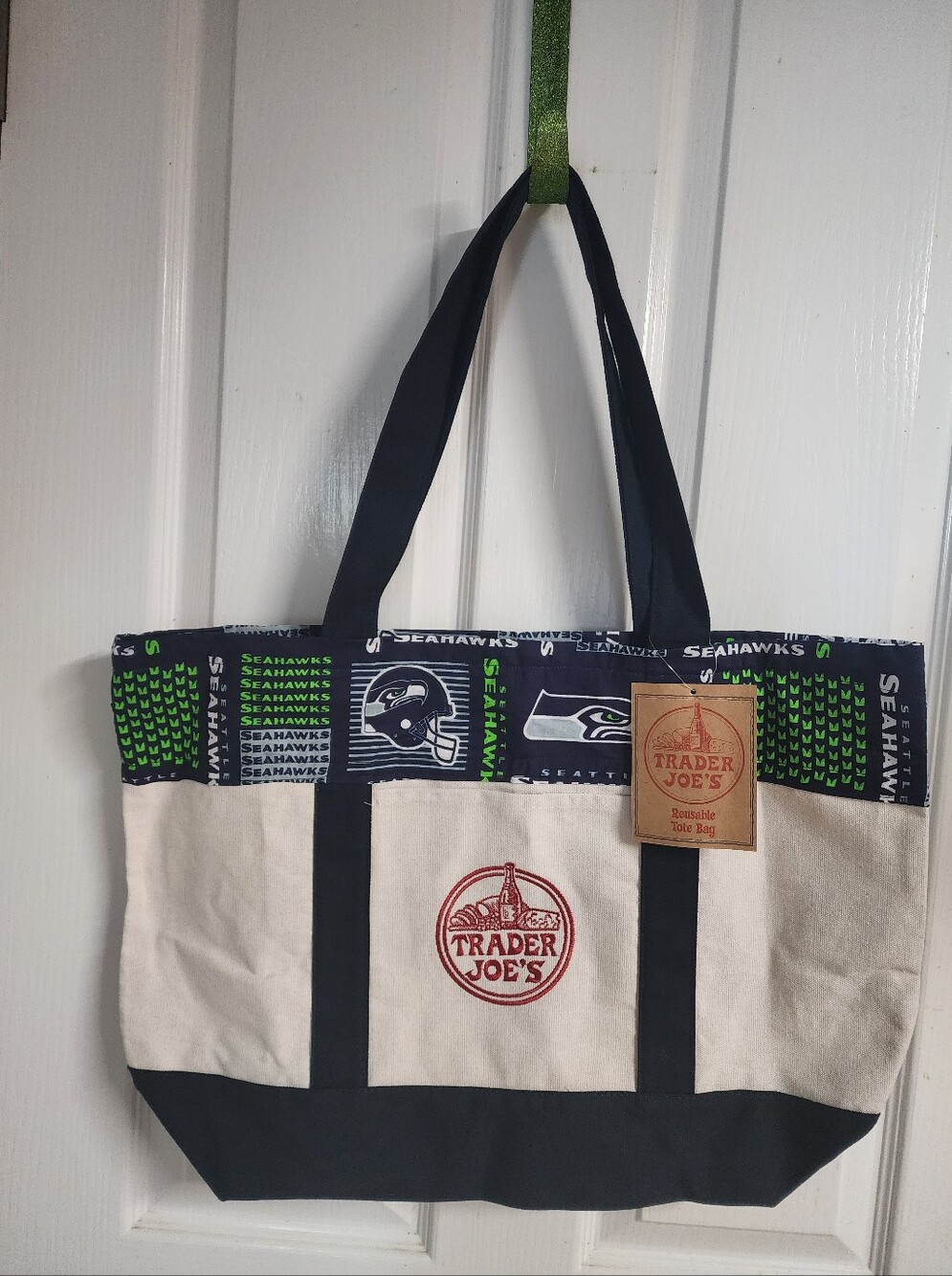 Trader Joe's Canvas Tote Bag with Seattle Seahawks Trim - Navy & Cream